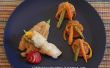 Cajun Fischbrötchen mit Gemüse-Sticks und gebratene Zucchini-Blüten