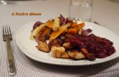 Huhn mit Cranberry, Port, Zimt Sauce serviert mit Ofen gebratene Pastinaken, rote Zwiebel & Süßkartoffel Pommes frites serviert
