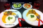 Kartoffelknödel Herz in pikantem Curry, gedämpft, Basmati-Reis, Salat und Rosmarin Avocado-Sorbet - vegetarische Abendessen Datum